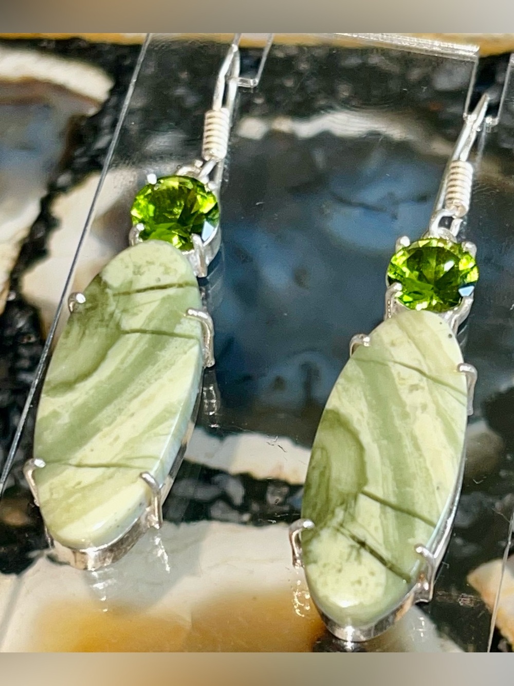Green Larsonite Bugwood Earrings 2 1/4”
